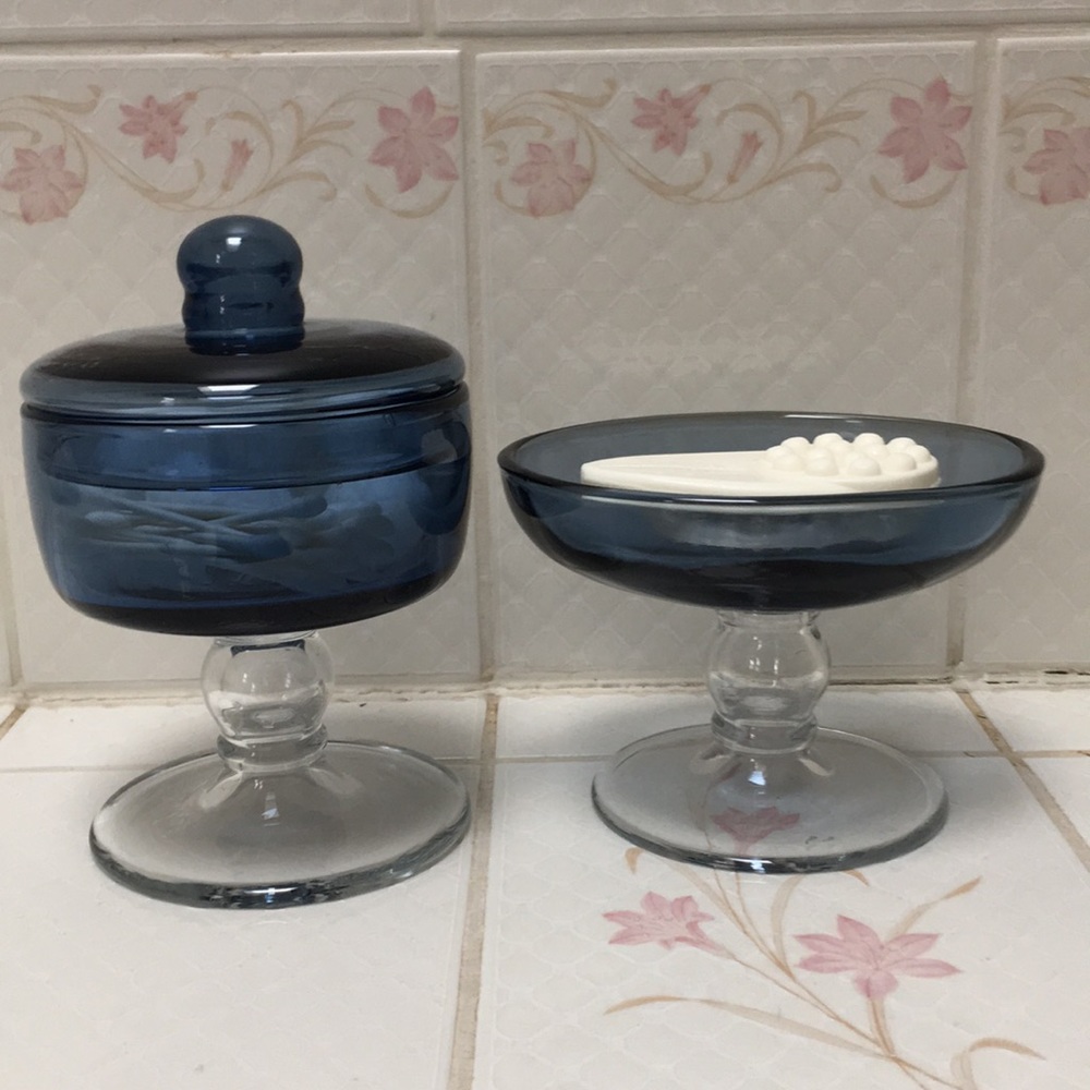 Set blown glass dishes cobalt blue clear pedestal compote with lid
